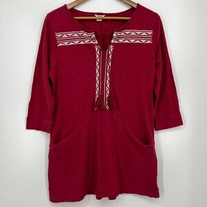 Lucky Brand Blouse Women's L Red Boho Tribal Embroidered Pockets Mini 3/4 Sleeve